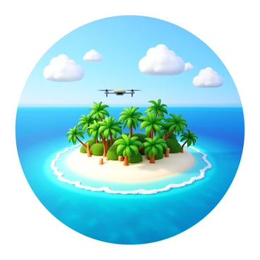 A drone hovering above a remote tropical island. The island features lush green palm trees and white sandy beaches. Waves gently lap at the shore, creating a foamy border around the land. In the distance, clear turquoise waters extend to the horizon. The drone captures images of vibrant coral reefs visible beneath the water's surface. Fluffy white clouds drift across a bright blue sky, creating a captivating view from above.