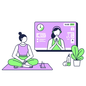 A virtual coach is displayed on a screen, appearing focused and encouraging. The coach has a friendly expression, wearing a blue tank top and black headphones. Behind the coach, a digital interface shows a timer and instructional text. To the left of the screen, a person is following along with the session, sitting on a yoga mat. The individual is attentively watching the screen, positioned in a comfortable posture. The room is well-lit, with a green plant in the corner, and a water bottle on the floor next to the yoga mat.