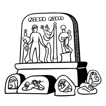 A depiction of ancient Greek myths, with gods and heroes etched into stone tablets