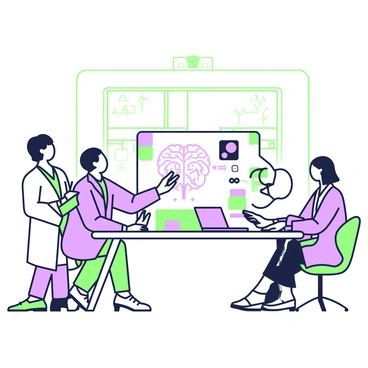 A medical team discussing a brain aneurysm case in a conference room with charts