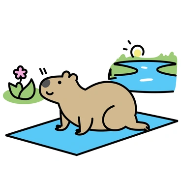A capybara, sitting on a blue yoga mat, is performing a downward dog pose. The capybara has a relaxed expression and its fur is a light brown color. Beside it, a calm river flows gently, reflecting the surrounding greenery. The scene is framed by lush green grass and a few scattered wildflowers, creating a serene environment. The sun casts soft shadows over the mat, enhancing the tranquil atmosphere of the moment.