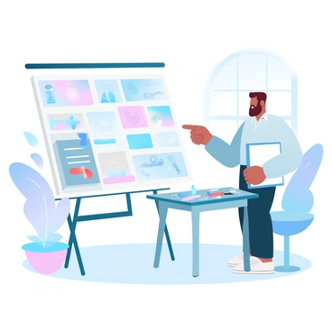 An artist presenting their vector illustration portfolio at a job interview