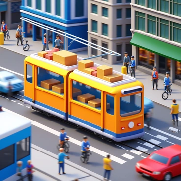 A city tram modified with a flatbed design to transport goods. The tram has large, open compartments filled with various packages and boxes. Its exterior features a bright paint job, making it stand out in the bustling urban environment. Surrounding the tram are busy city streets filled with pedestrians, cars, and bicycles. Skyscrapers and storefronts line the streets, creating a lively atmosphere. The tram is in motion, with motion lines indicating speed as it navigates through the busy city.