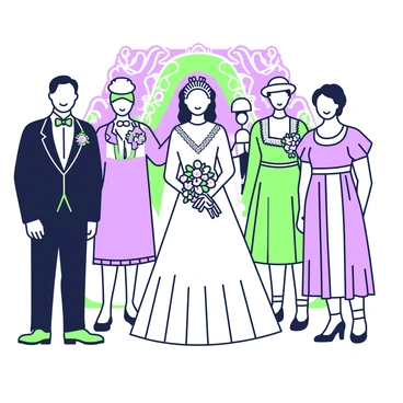 A vintage carte de visite depicts a wedding party posing together in celebration. The group is arranged in a structured formation in front of an ornate backdrop. The bride, wearing a white gown with intricate lace details, stands at the center, holding a bouquet of flowers. To her left, a man in a dark suit and bowtie smiles, while to her right, a woman in a flowing dress with ruffled sleeves stands elegantly. Behind them, several guests are positioned, some wearing hats and corsages. The overall composition exudes a sense of unity and happiness, capturing a moment of joy in the celebration.