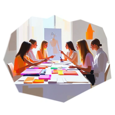 A group of fashion designers gathered around a large table, deep in discussion while strategizing the runway show sequence. They are surrounded by various sketches of clothing designs, some featuring elegant dresses, tailored suits, and avant-garde styles. The table is cluttered with colorful fabric samples, showcasing a range of textures and patterns, including silk, cotton, and chiffon. The designers are diverse in appearance, with varying hairstyles and attire, and they are animatedly sharing ideas and making notes. One designer is pointing at a sketch while another is holding up a vibrant fabric swatch, emphasizing a point in their conversation. Natural light streams through a nearby window, illuminating the scene.