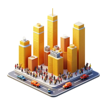 A bustling cityscape with buildings constructed from stacks of coins. The skyscrapers are tall and glimmering, reflecting light from the sun. There are various types of coins, including gold, silver, and copper, forming intricate patterns on the surfaces of the structures. The streets below are filled with people in motion, engaged in various activities. Vehicles made of miniaturized coins are navigating through the city, adding to the vibrant atmosphere. The sky is clear, providing a bright backdrop to this unique urban environment.