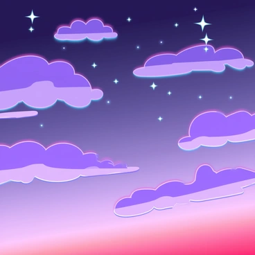 A dreamy sky filled with "purple clouds" that have soft, swirling edges. The clouds are scattered throughout the expanse, varying in shades from deep violet to lavender. "Twinkling stars" dot the sky, radiating bright white light and some have a faint shimmer. The transition from day to night is visible, with a gradient that blends warm orange and pink tones at the horizon. The overall scene captures the enchanting beauty of dusk in a celestial landscape.