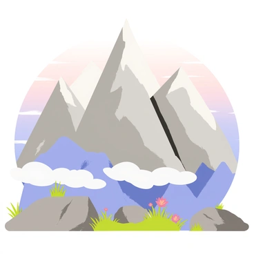 A majestic mountain range with tall, sharp peaks and a range of gray and blue tones. Mist rolls down the slopes, partially obscuring the lower mountains and creating a sense of depth. The sky is filled with soft pastel colors of dawn, with hints of pink and orange reflecting on the snowy tops. The foreground features a rocky terrain dotted with patches of green grass and small wildflowers peeking through the rocks.