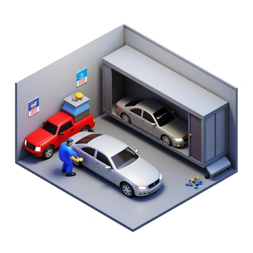 A mechanic wearing a blue uniform is inspecting a vehicle in a well-lit garage. The mechanic is crouched beside a silver sedan, examining the undercarriage with a flashlight. Various tools are scattered around on a workbench in the background. A transport truck is parked nearby, with its trailer doors open, ready to load the vehicles. A second vehicle, a red pickup truck, is also positioned near the truck, waiting to be loaded. The garage has concrete flooring and a few automotive posters on the walls.