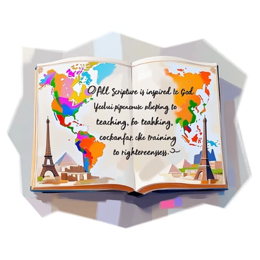 A vintage world map featuring intricate details and vibrant colors serves as the background for the verse "All Scripture is inspired by God and is useful for teaching, rebuking, correcting, and training in righteousness." The verse is prominently displayed in elegant, flowing typography, blending harmoniously with the map's antique aesthetic. Various famous landmarks, such as the Eiffel Tower in France, the Great Wall of China, and the Pyramids of Egypt, are illustrated around the text, adding depth and context to the scene. The map's borders are adorned with decorative elements, enhancing the overall visual richness of the piece.