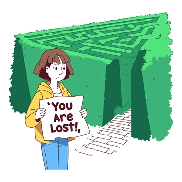 A character with short brown hair is holding a crumpled map that has the text "You Are Lost" written in bold letters. The character looks puzzled, standing at the entrance of a large, intricate maze. The maze is composed of tall green hedges that stretch high, creating a sense of mystery and challenge. The character is dressed in a bright yellow jacket and blue jeans, adding a pop of color to the scene. The ground is made of cobblestones, leading up to the entrance where the hedges loom ahead.