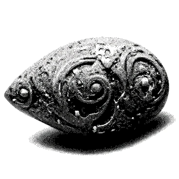 An alien artifact is resting on a smooth, flat surface. The artifact has intricate swirling patterns engraved on its exterior, showcasing a variety of geometric shapes. Embedded within these patterns are technological elements that resemble circuits and small glowing components. The overall shape of the artifact is irregular, giving it an otherworldly appearance, and it casts subtle shadows on the surface beneath it.