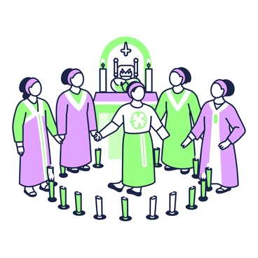 A group of handmaids is gathered in a circular formation, each wearing distinct yet uniform garments that symbolize their unity. In the center, they are holding hands, creating a strong bond among them. Surrounding the circle, there are candles arranged symmetrically, casting a gentle light. In the background, an altar is visible, adorned with symbolic objects like flowers and offerings. Each handmaid has a determined expression, reflecting their strength and shared purpose. The atmosphere conveys a sense of solidarity and ritual significance through their body language and positioning.