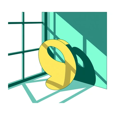 A yellow abstract sculpture is positioned in the center of the image, casting dramatic shadows on its surface. The background features a teal wall that enhances the contrast between the light and shadow. Soft light streams in from a large window on the left side of the composition, illuminating parts of the sculpture while leaving sections in shadow. The play of light creates a dynamic visual effect, highlighting the contours and textures of the sculpture.