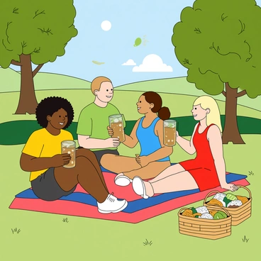 A group of four friends is sitting on a colorful picnic blanket in a sunny park. The friends have various skin tones; one has dark skin and wears a bright yellow t-shirt, another has light skin with curly brown hair in a ponytail, dressed in a blue tank top, a third friend with medium skin is wearing a green shirt, and the last friend has light skin with straight blonde hair, dressed in a red sundress. Each friend is holding a tall glass filled with a light brown tamarind drink, with ice cubes visible and decorated with a slice of lime on the rim. Surrounding them are lush green trees, and a few picnic baskets are placed nearby filled with snacks. The sun is shining brightly, casting soft shadows on the ground, and a frisbee can be seen flying in the background.