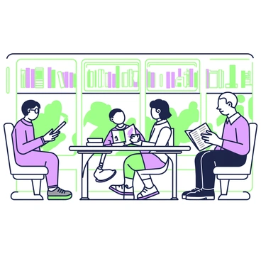 Inside a train library carriage, passengers are seated at various tables with books open in front of them. There are two individuals on the left, one with glasses, deeply engrossed in a novel, while the other is annotating a textbook. In the center, a young child sits with a colorful picture book, showing it to an adult beside them who is smiling. On the right, an older man is reading a newspaper, occasionally glancing out of the window. Bookshelves line the walls, filled with various genres of literature, while soft overhead lights create a cozy atmosphere. The train windows reveal glimpses of the passing scenery outside.