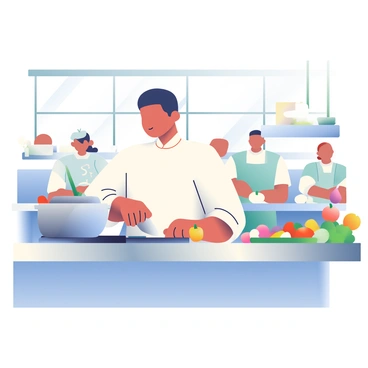 A chef with short black hair and wearing a white chef's coat is standing in a bustling kitchen. The chef is focused on preparing a dish, skillfully chopping vegetables on a stainless steel countertop. A large silver pot is simmering on the stove, releasing steam into the air. To the right, a colorful array of fresh ingredients, including bell peppers, onions, and herbs, are neatly arranged. Behind the chef, several cooks are moving around, each engaged in their tasks, and a large kitchen window allows bright light to pour in, illuminating the scene.
