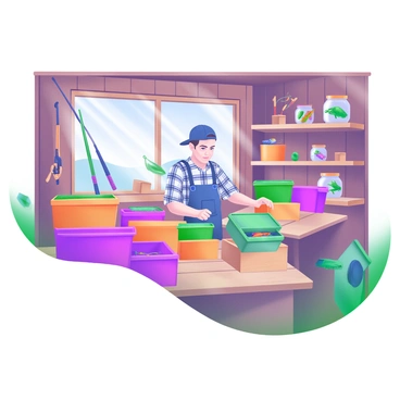 A rustic outdoor gear store featuring wooden shelves and a warm atmosphere. The store is filled with various fishing tackle boxes in vibrant colors, stacked neatly on the shelves. A fishing shop owner, with a plaid shirt and a friendly demeanor, is organizing the tackle boxes, carefully placing them in order. Sunlight filters through the large window, casting soft shadows on the wooden floor. There are fishing rods displayed on the walls and a variety of fishing lures in jars, adding to the charm of the store.