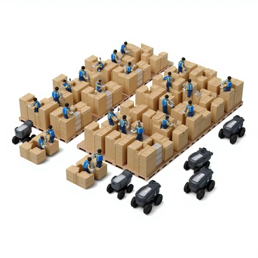 A large Amazon warehouse filled with an array of boxes stacked neatly on shelves. Workers wearing blue uniforms and safety vests are actively packing items into boxes at several workstations. They are focused on their tasks, ensuring items are carefully placed and secured. Autonomous robots, designed with a sleek and modern appearance, move efficiently along the aisles, transporting packages from one location to another. The warehouse is brightly lit, highlighting the organized chaos of activity with items in various stages of packing and shipping.