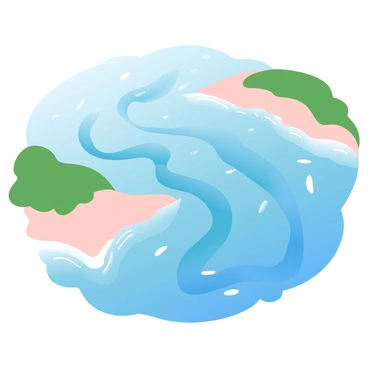 An aerial view of a river delta where it meets the ocean. The river branches out into several intertwining channels, creating an intricate pattern of waterways. The edges of the delta are lined with lush greenery, contrasting with the soft sandy beaches that border the ocean. The water is a gradient of blues and greens, showcasing how the river water mingles with the ocean. Gentle waves lap at the shore, and small patches of white foam are visible. A series of small boats are scattered throughout the channels, reflecting the sun's light.