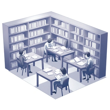 A school library filled with wooden bookshelves that reach up to the ceiling, lined with various books. Several students are seated at sturdy wooden tables, each engrossed in their reading materials. Some students are flipping through textbooks, while others are writing in notebooks or typing on laptops. Soft overhead lighting illuminates the room, creating a calm atmosphere. The students display a range of focused expressions as they study, and there are a few stacks of books on the tables. A quiet corner of the library features a cozy reading nook with cushioned chairs.