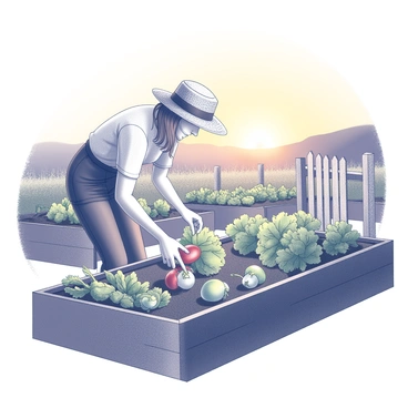 A person is bending down to harvest vegetables in a potager garden. The garden is filled with various plants, including leafy greens and vibrant vegetables. The scene captures a warm sunset, with the sun dipping below the horizon, casting elongated shadows across the garden. The person wears a straw hat, and their hands are gently pulling ripe vegetables from the soil. Surrounding the garden, there are wooden raised beds, and a small weathered fence is visible in the background. The sky is transitioning to darker hues as the day ends.