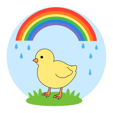 A small yellow chick with soft feathers is standing on a patch of green grass in a field. Above the chick, a vibrant rainbow arcs across the sky, displaying bright colors of red, orange, yellow, green, blue, indigo, and violet. Tiny raindrops are gently falling from the sky, catching the light and sparkling around the chick. The grass beneath the chick is lively and lush, creating a cheerful atmosphere. The background shows a clear blue sky, enhancing the colorful scene.