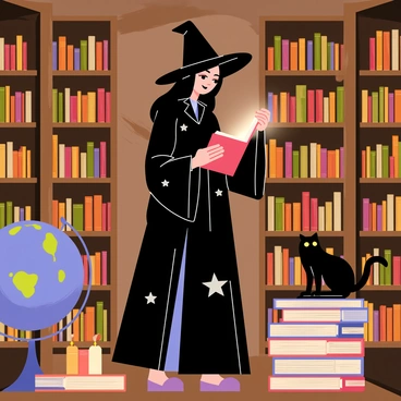 A witch with long black hair and a pointed hat is browsing through a vast library. The library has tall wooden shelves filled with ancient tomes and scrolls. The witch is wearing a dark, flowing robe decorated with silver stars. She holds a glowing book in one hand, and her other hand is lightly touching the spines of the books on the shelves. Dim, warm light from floating candles illuminates the room. A large ornate globe stands in one corner, and a black cat is perched atop a nearby stack of books, watching her curiously.