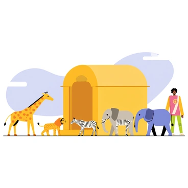 Pairs of animals lining up to board "Noah's Ark". A tall figure of "Noah" stands at the entrance, wearing a long robe and a beard, guiding the animals. On one side, there are two "giraffes" stretching their necks toward the ark. Next to them, a pair of "lions" walks confidently, their manes flowing. Nearby, two "elephants" stand side by side, their trunks playfully intertwined. A duo of "zebras" can be seen, displaying their striking black and white stripes. The "ark" is large and wooden, with an arched roof and a ramp leading up to it, set against a bright blue sky.