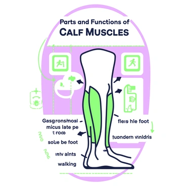 An educational chart displaying the parts and functions of the calf muscles. The chart features a detailed illustration of the calf area on a human leg. The two prominent muscles, the gastrocnemius and the soleus, are clearly labeled with arrows pointing to each muscle. There are annotations explaining the function of each muscle, such as "flexes the foot" and "supports walking." The background showcases a subtle grid pattern, and there are small icons representing activities like running and jumping next to the corresponding muscle descriptions. The overall layout is organized and easy to read, emphasizing the anatomical details of the calf muscles.