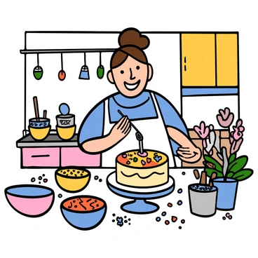 A baker with light skin and short brown hair is joyfully decorating a round cake with vibrant, colorful icing. The baker is wearing a white apron over a light blue shirt and is smiling widely. The kitchen is illuminated with natural light, showcasing light-colored cabinets and various baking tools on the counter. Several bowls of different colored icing are arranged around the baker, and there are sprinkles scattered on the counter. The cake is on a rotating cake stand, and there are fresh flowers placed nearby for decoration.