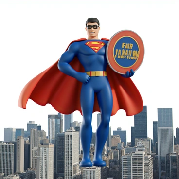 A superhero character named "GST Man" with a muscular build and wearing a vibrant blue costume featuring a stylized golden logo on his chest. He has a wide red cape flowing behind him as he soars high above a bustling city skyline. The city below features tall skyscrapers and busy streets. In one hand, he holds a large shield emblazoned with the words "Fair Taxation" in bold letters. His expression is determined and confident as he flies, promoting justice and economic equity to the citizens below.
