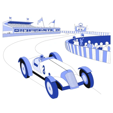 A 3D vintage race car speeding through a historic race event