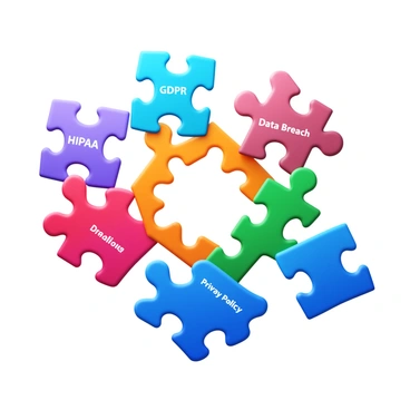 A 3D jigsaw puzzle consisting of various pieces. Each piece is uniquely shaped and contains labels with different data compliance terms such as "GDPR", "HIPAA", "Data Breach", and "Privacy Policy". The pieces are arranged on a flat surface, showcasing vibrant colors for each term, with a partially assembled area in the center of the puzzle. Some pieces are flipped over, displaying their blank sides, while others fit snugly together, representing a cohesive theme of data compliance.