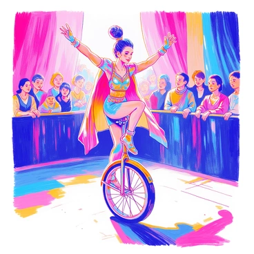 A performer is balancing expertly on a unicycle, with one leg raised high in the air. The performer is wearing a vibrant costume that includes colorful patterns and sequins, enhancing their dynamic pose. Their face is focused and determined, showcasing the concentration required for this skillful act. The unicycle itself has a shiny chrome frame, reflecting light, while the ground below is a carefully maintained surface that provides a stable base for the performance. In the background, there are audience members watching with expressions of awe and excitement.