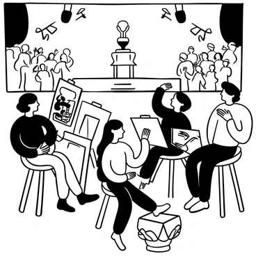 A group of artists seated at easels, each focused on their canvas, with sketch pads and pencils scattered around them. Their hands are in motion as they draw the lively atmosphere of the awards ceremony. In the background, a stage is adorned with bright lights, where a trophy stands prominently on a pedestal. Audience members can be seen applauding, their hands raised in excitement. Paperworks filled with sketches of the event are piled on tables nearby, showcasing different interpretations of the moments captured.
