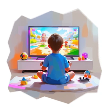 A young child with short brown hair, wearing a bright blue t-shirt, is sitting cross-legged on a soft carpet. The child is intensely focused on a television screen that displays a colorful strategy-based game. The game features various animated characters and intricate landscapes. The child holds a game controller with both hands, and their eyes are wide with concentration. Around them, there are scattered toys and game accessories, creating a playful atmosphere. A soft glow from the screen reflects on the child's face, emphasizing their engagement in the gaming experience.