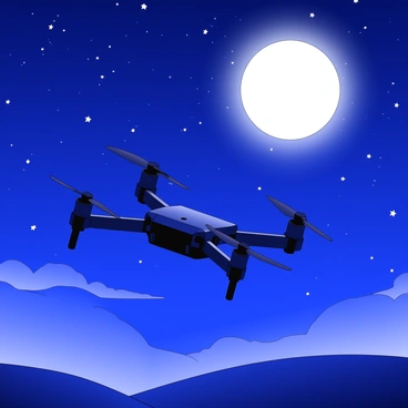 A navy drone is flying through a starry night sky. The drone has a sleek design with visible propellers and sensors. Below the drone, the landscape is subtle but hints at rolling hills. Above, a glowing full moon is prominent, casting light across the scene. The sky is filled with numerous stars, creating a backdrop of depth and intrigue. The drone's silhouette contrasts against the illuminated moon, highlighting its presence in the night.