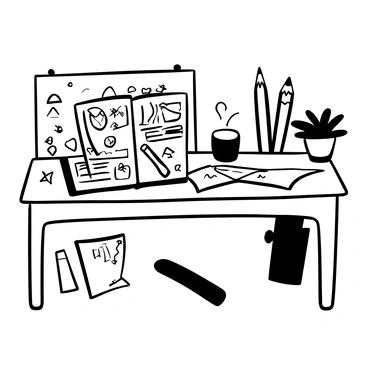 A large wooden desk covered with assorted "colored pencils" arranged in neat rows. There is a steaming "cup of coffee" placed on one corner of the desk, next to an open sketchbook filled with various "sketches" of landscapes and figures. Some loose sheets of "sketches" are scattered around the workspace, and a small potted plant sits on the opposite side of the desk, adding to the creative atmosphere.