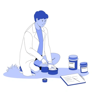A scientist is wearing a lab coat while kneeling on the ground in a park. They are carefully collecting soil samples in small containers. The scientist has protective gloves on and is using a small trowel to scoop up the soil. Nearby, there are several containers labeled for sample collection, and a notepad with observations is placed on the ground next to them. The background features grassy areas and a few trees, creating a natural park setting. The scientist is focused on examining the soil samples for pollutants.
