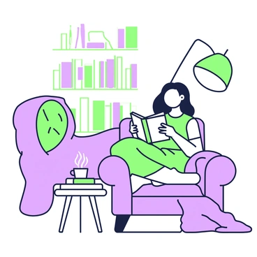A woman with long hair is lounging comfortably in a cozy reading nook. She is sitting on a large, plush armchair with a soft green cushion. In her hands, she holds an open book, with her eyes focused on the pages. Beside her, a small wooden side table supports a steaming cup of tea. The reading nook is filled with bookshelves lined with various books, and a gentle green lamp casts a warm light over the space. A soft purple blanket is draped over the arm of the chair, enhancing the cozy atmosphere.