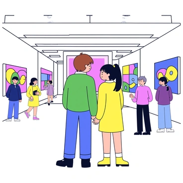 Kaede and Suzu are standing side by side in front of a large, colorful art piece. Kaede has short brown hair and is wearing a green sweater, while Suzu has long black hair tied in a ponytail and is dressed in a yellow dress. Both characters have expressions of admiration on their faces as they look at the artwork. Surrounding them are various other artworks on the walls, showcasing bold colors and abstract designs. The exhibit has a bright atmosphere, with well-lit spaces and a few onlookers in the background.
