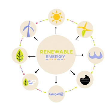 An infographic featuring a large central circle surrounded by smaller circles, each representing a different renewable energy source. The center circle is labeled with the phrase "Renewable Energy Sources" in bold, vibrant letters. The surrounding circles include an image of a yellow sun symbolizing solar energy, a blue wind turbine for wind energy, a green leaf for biomass energy, a light blue water symbol for hydro energy, and a black and white icon for geothermal energy. Each circle has arrows pointing towards the central label, indicating the connection to renewable energy. The background is filled with colorful patterns, enhancing the lively theme of renewable energy sources.