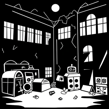 An old factory building with several broken windows, revealing jagged glass edges. Inside, rusted machines of various sizes are scattered throughout the space, some partially hidden in shadows. Moonlight filters through cracks in the walls and the ceilings, casting intricate patterns of light and shadow on the floor. The atmosphere is filled with a sense of abandonment and history, with debris strewn about and cobwebs hanging in corners. The overall composition captures the stark contrast of illuminated areas against the dark, shadowy parts of the factory.