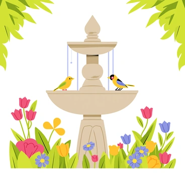 A garden featuring a large, ornate stone fountain at its center, with water gently cascading down from its multiple tiers. The fountain is surrounded by an array of blooming flowers in vibrant colors, including red roses, yellow tulips, and purple daisies. Small chirping birds with bright feathers perch on the fountain's edge and amidst the flowers, adding life to the scene. Lush green foliage frames the garden, creating a vibrant and lively atmosphere.