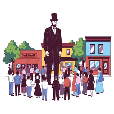 Abraham Lincoln towering over others at a gathering in a small town square