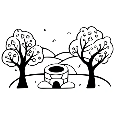 A well surrounded by blooming cherry blossom trees in Japan