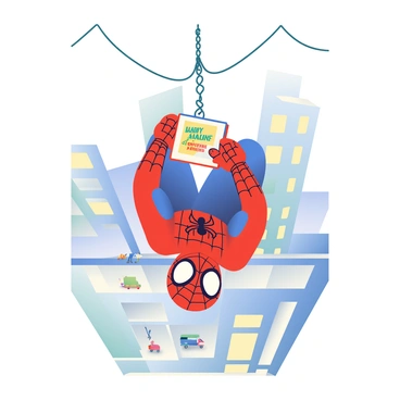 Spider-Man is hanging upside down from a web, suspended in mid-air. He is wearing his classic red and blue costume, complete with web patterns. His mask is on, but the eyes are wide open, revealing a focused gaze. In his hands, he is holding a book titled "Spider-Man Adventures." The web is intricately woven, stretching from a tall building, with the city skyline visible in the background. Below, the streets are bustling with tiny figures of pedestrians and vehicles. The scene conveys a sense of tranquility amidst the superhero's usual fast-paced life.