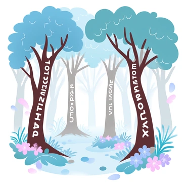 A dense forest filled with tall trees whose trunks and branches are intricately shaped like various vocabulary words. Each tree displays different words, seamlessly integrated into their natural forms. The canopy above is lush with leaves, filtering sunlight that creates a soft, dappled light effect on the forest floor. Surrounding the trees are patches of colorful wildflowers and ferns, adding to the vibrant atmosphere of the scene. The ground is covered with a mix of fallen leaves and small stones, enhancing the natural feel of the environment.