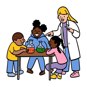 A group of three children with different skin tones are gathered around a table, participating in a simple science experiment with a teacher. The first child has light skin and short brown hair, wearing a yellow t-shirt. The second child has medium skin and curly black hair, wearing a blue hoodie. The third child has dark skin and long braided hair, wearing a pink shirt. They are all leaning forward, looking at a bubbling beaker filled with colorful liquid, their eyes wide with amazement. The teacher, who has light skin and shoulder-length blonde hair, is standing next to them, smiling and pointing at the experiment, wearing a lab coat over casual clothing.